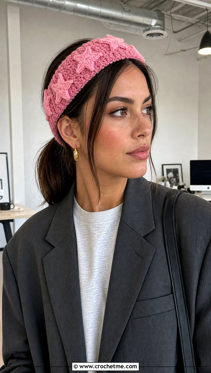 Star Applique Crochet Headband With Blazer And Jeans - 25 crochet star headband outfit ideas