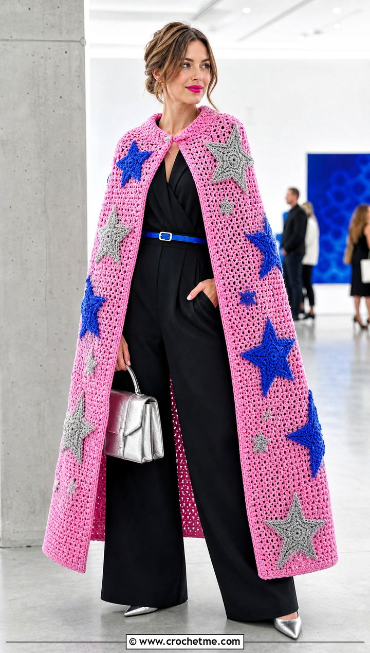 Star Applique Crochet Super Hero Cape With Black Jumpsuit - 25 Crochet Super Hero Cape outfit ideas