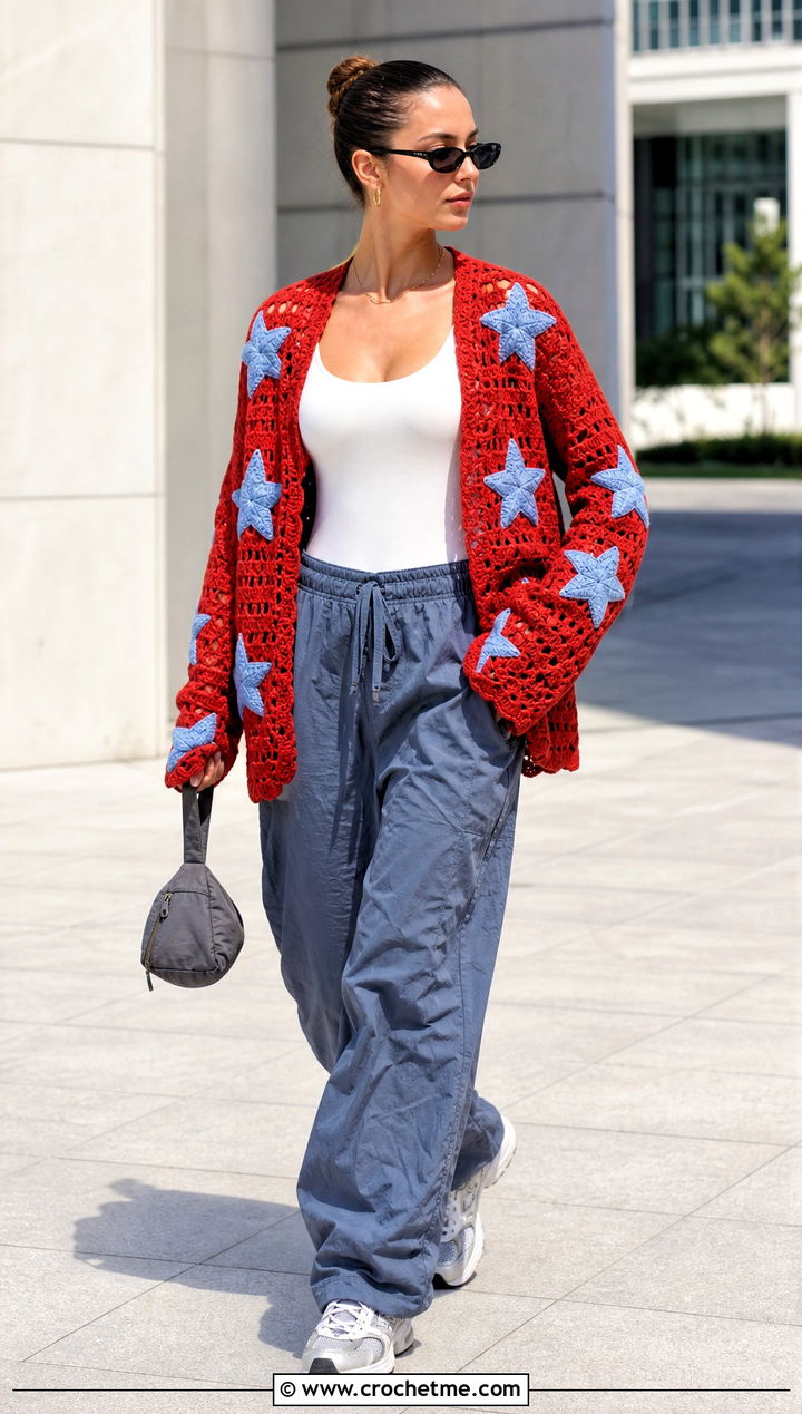 Star Applique Folklore Crochet Cardigan With Parachute Pants - 25 Taylor Swift Folklore Crochet Cardigan outfit ideas