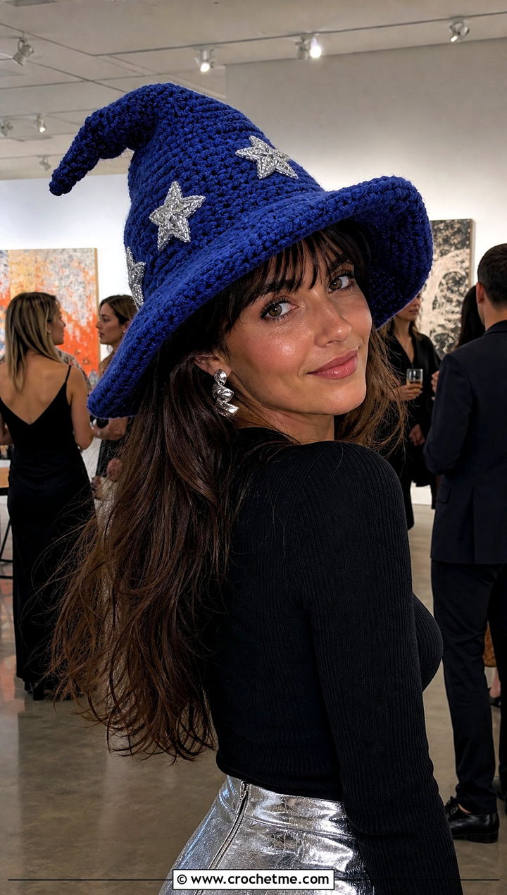 Star Applique Slouchy Crochet Witch Hat With Metallic Skirt - 30 slouchy crochet witch hat outfit ideas