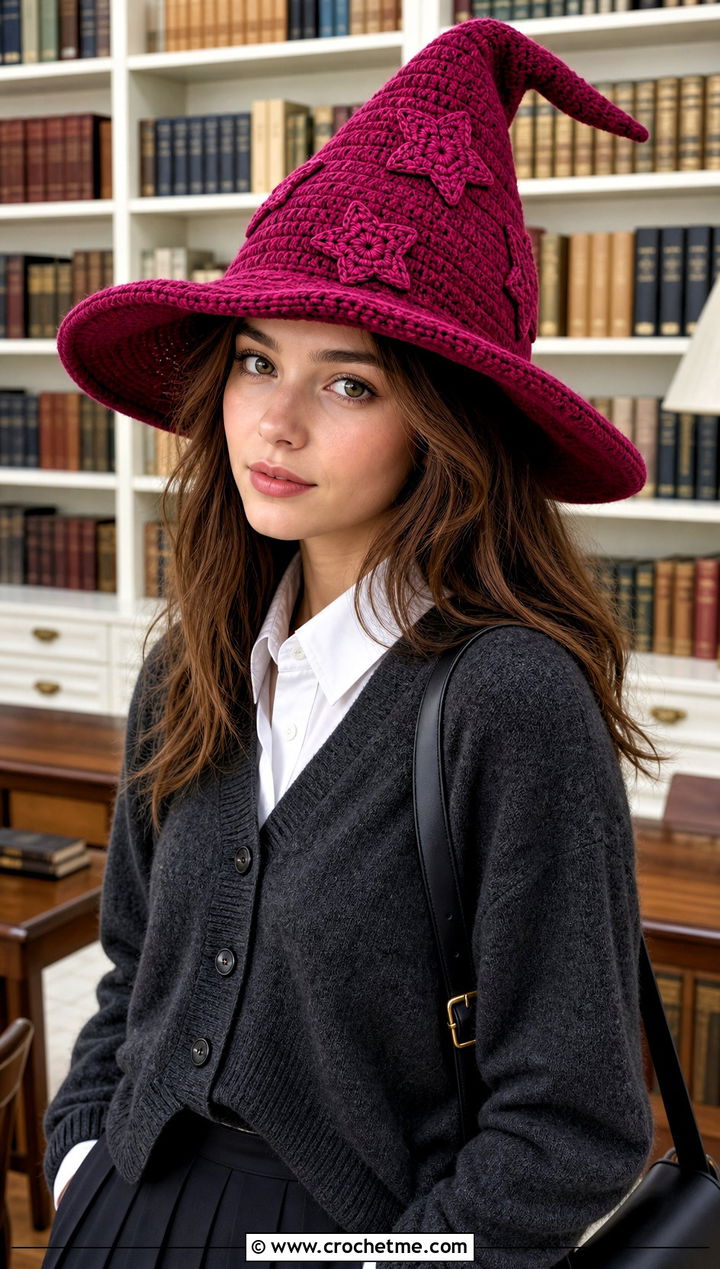 Star Applique Witchs Crochet Hat With Pleated Skirt - 15 Witch's Crochet Hat outfit ideas