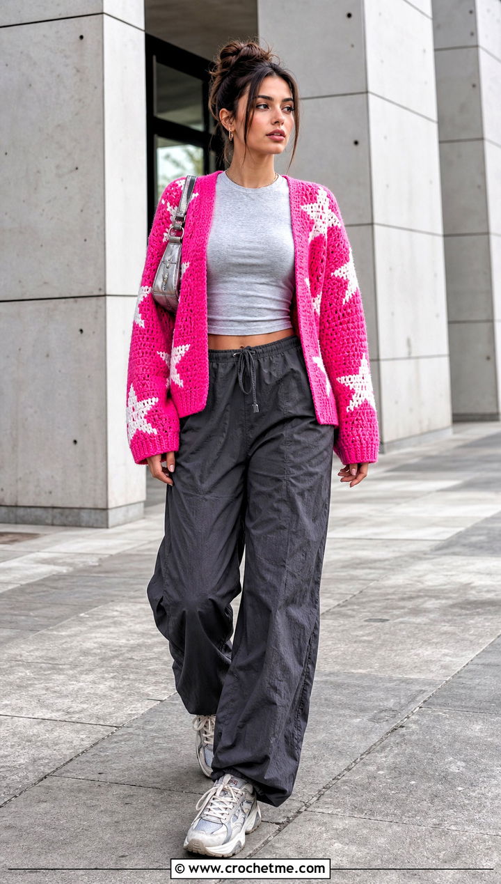 Star Block Cardigan With Parachute Pants - 25 crochet block cardigan outfit ideas