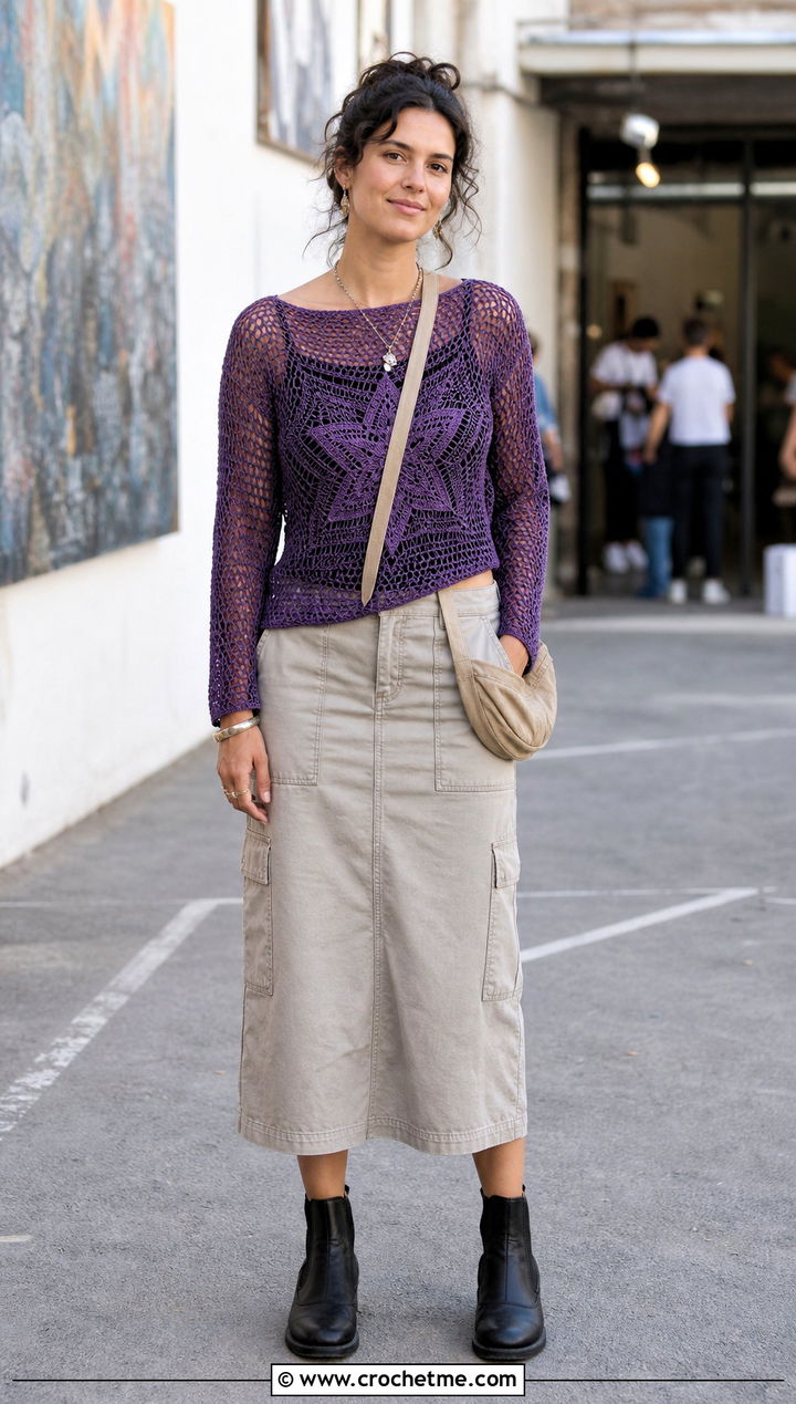 Star Center Spiderweb Top With Utility Skirt - 30 crochet spiderweb top outfit ideas