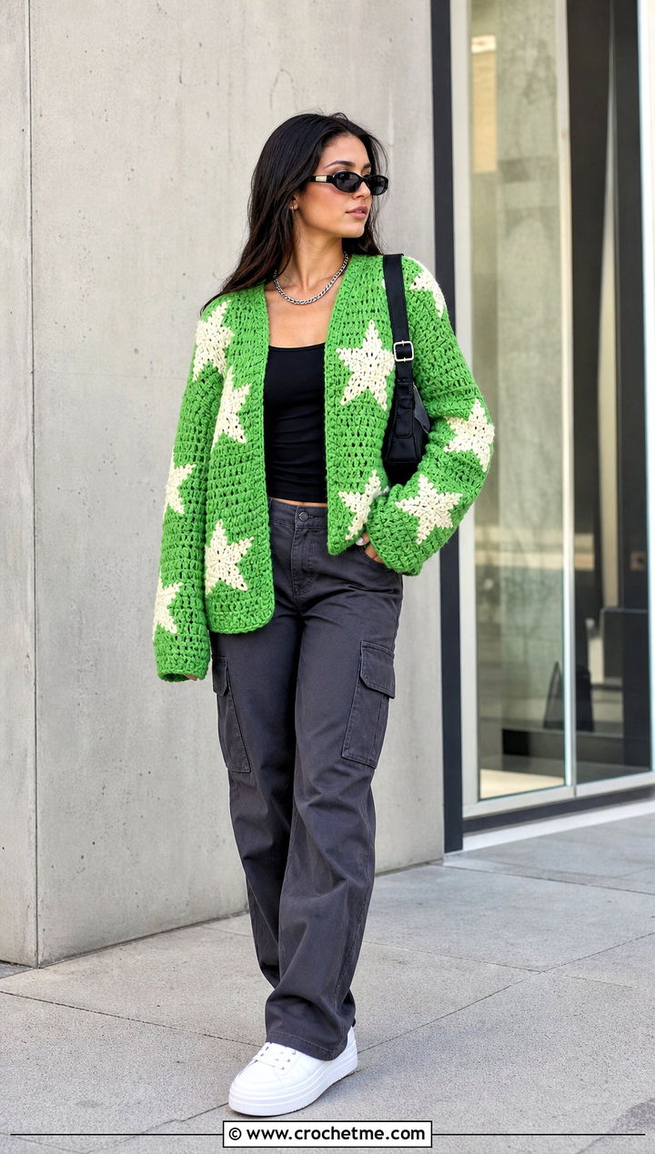 Star Crochet Cardigan With Cargo Pants - 25 kawaii crochet cardigan outfit ideas