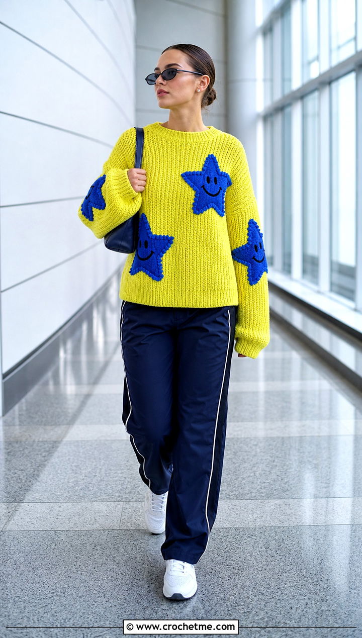 Star Crochet Character Sweater With Track Pants - 20 Crochet Character Sweater outfit ideas
