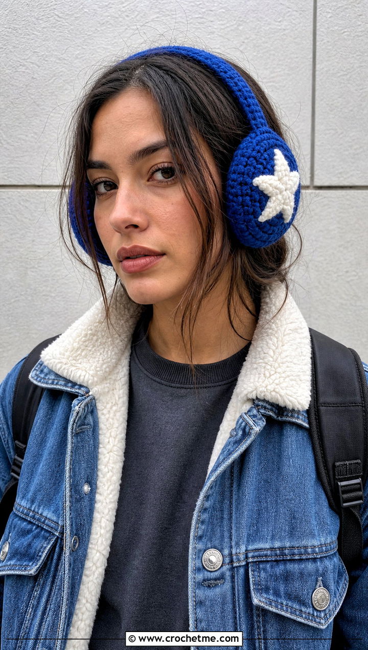 Star Crochet Earmuffs Headband With Denim Jacket - 25 Crochet Earmuffs Headband outfit ideas