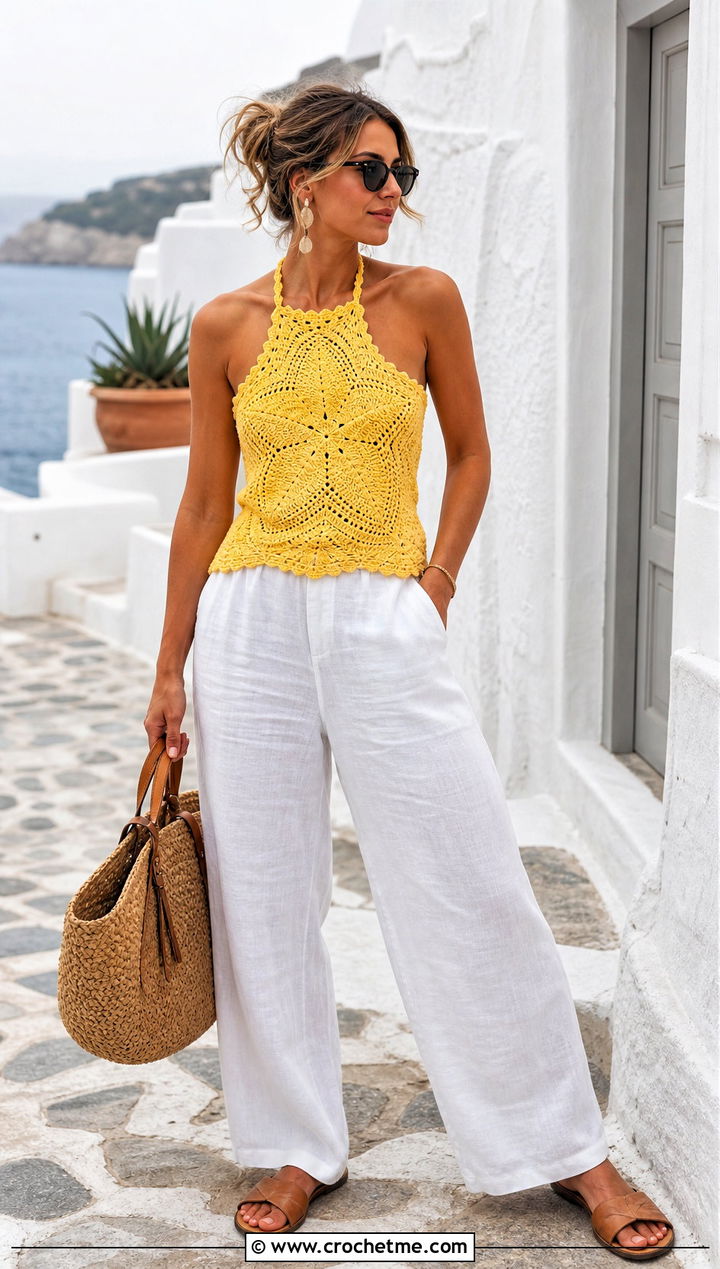 Star Crochet Halter Tank Top With Linen Trousers - 25 Star Crochet Tank Top outfit ideas