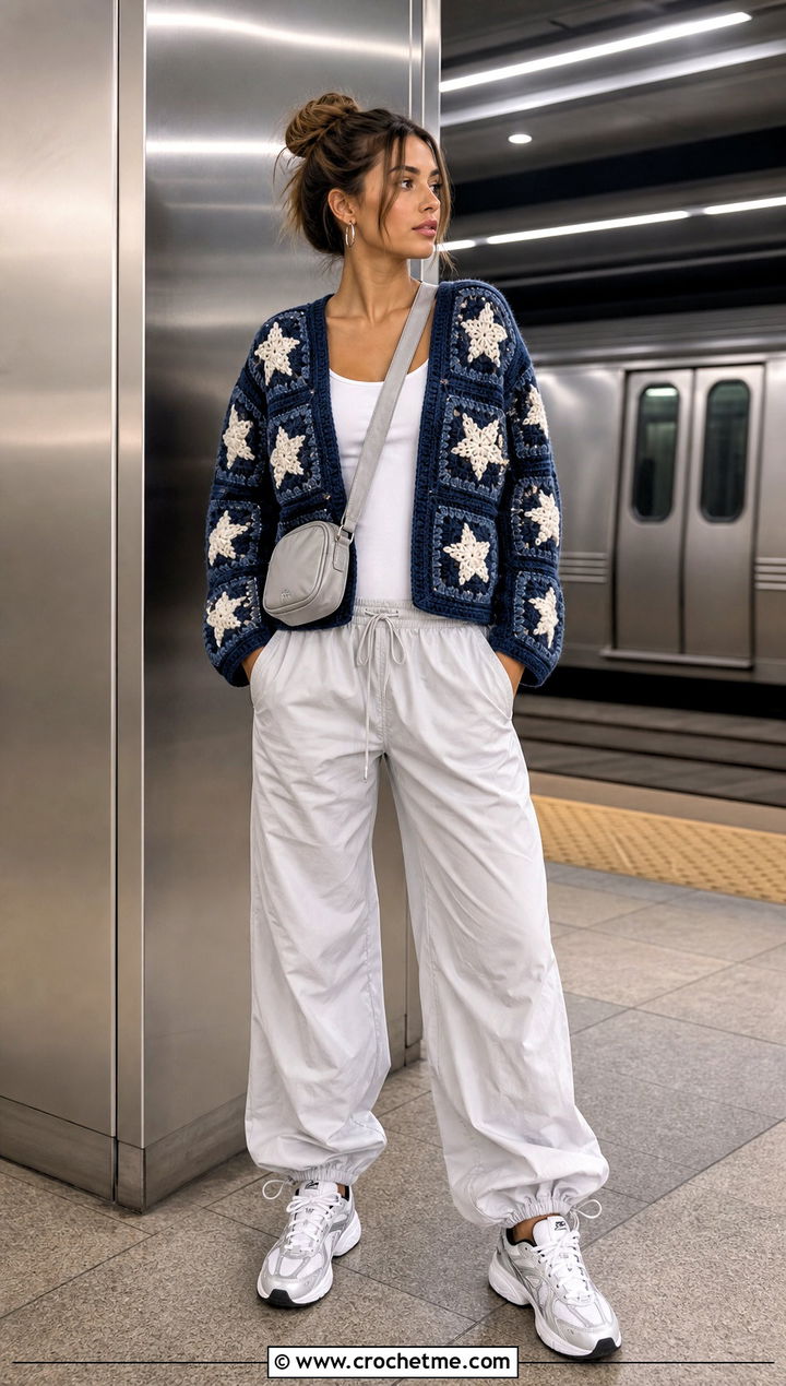 Star Granny Square Cardigan With Parachute Pants - 35 Easy Simple Crochet Granny Square Cardigan outfit ideas