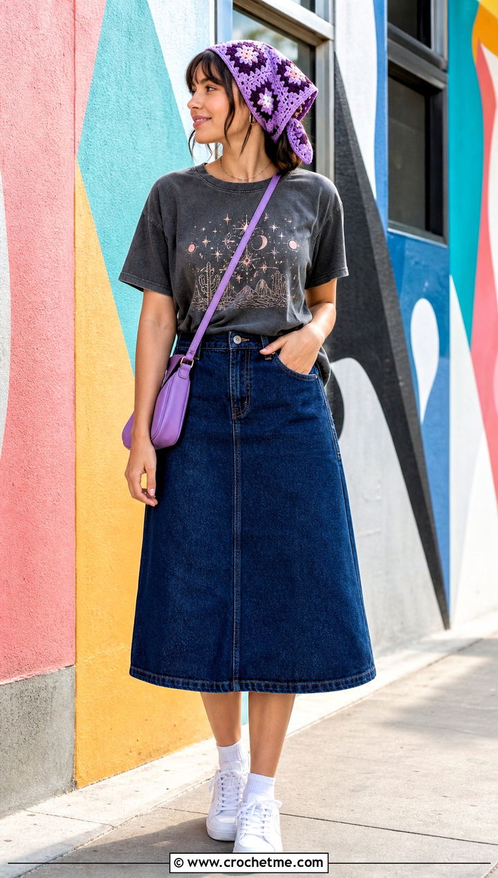 Star Granny Square Head Scarf With Graphic T Shirt And Denim Skirt - 35 granny square head scarf outfit ideas