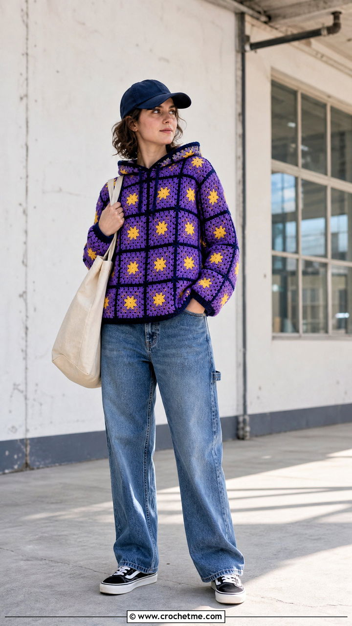 Star Granny Square Hoodie With Carpenter Jeans - 35 granny square hoodie outfit ideas