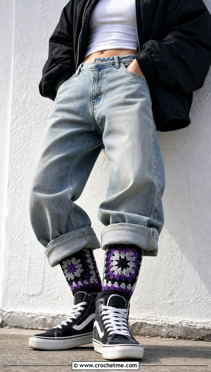 Star Granny Square Socks With Baggy Jeans And High Top Sneakers - 35 crochet granny square socks outfit ideas