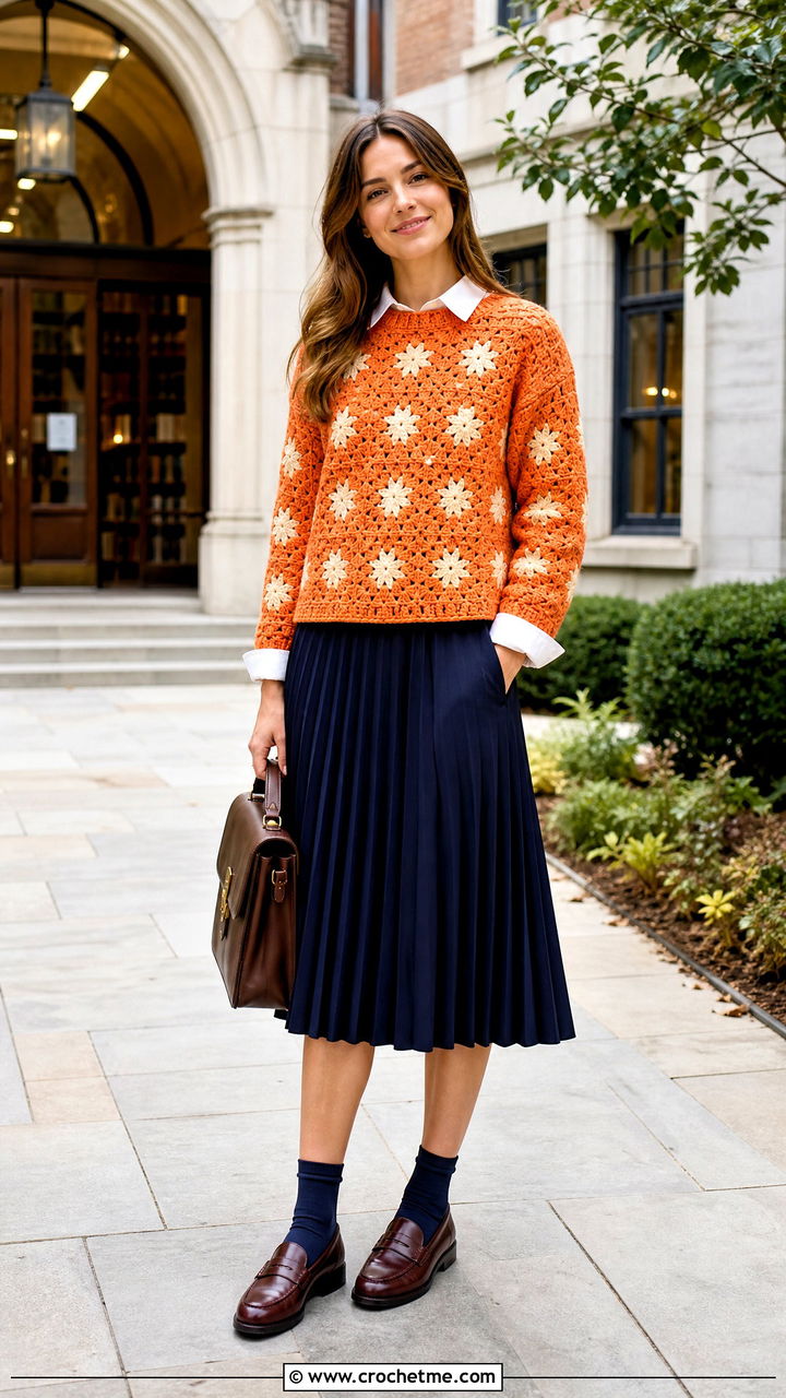 Star Granny Square Sweater With Pleated Midi Skirt - 35 crochet star sweater outfit ideas