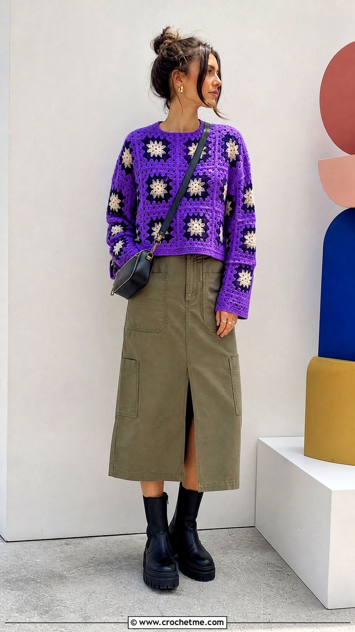 Star Granny Square Sweater With Utility Midi Skirt - 35 4 Granny Square Sweater outfit ideas