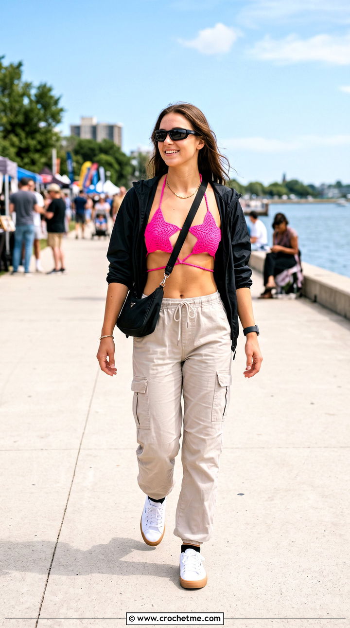 Star Kini Top With Cargo Pants - 35 crochet star bikinis outfit ideas