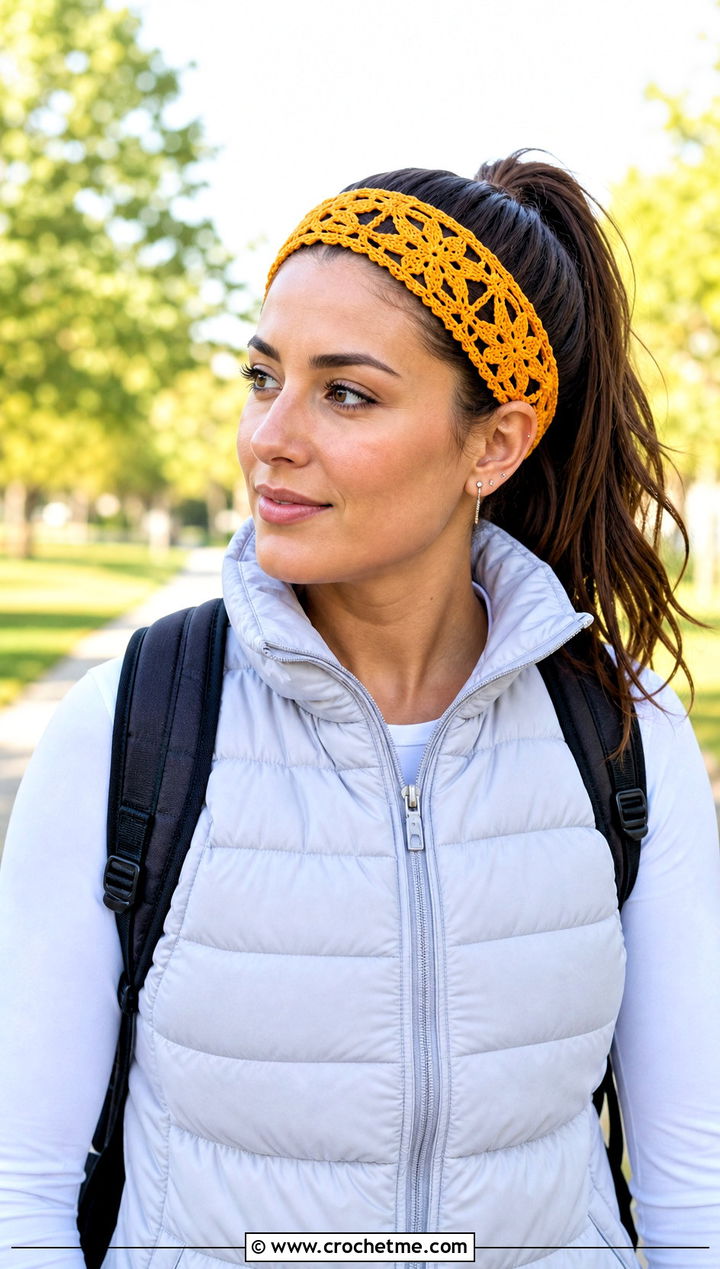 Star Lace Crochet Headband With Puffer Vest And Joggers - 30 lace crochet headband outfit ideas