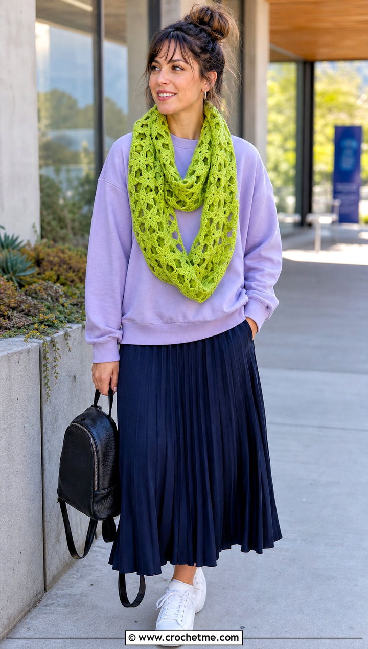 Star Lace Infinity Scarf With Midi Skirt And Sneakers - 20 Lacy Crochet Infinity Scarf outfit ideas