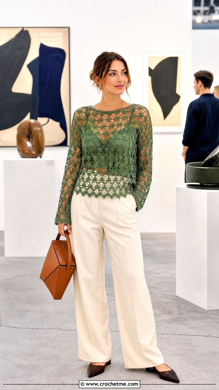 Star Mesh Top With Minimal Trousers - 35 crochet net top outfit ideas