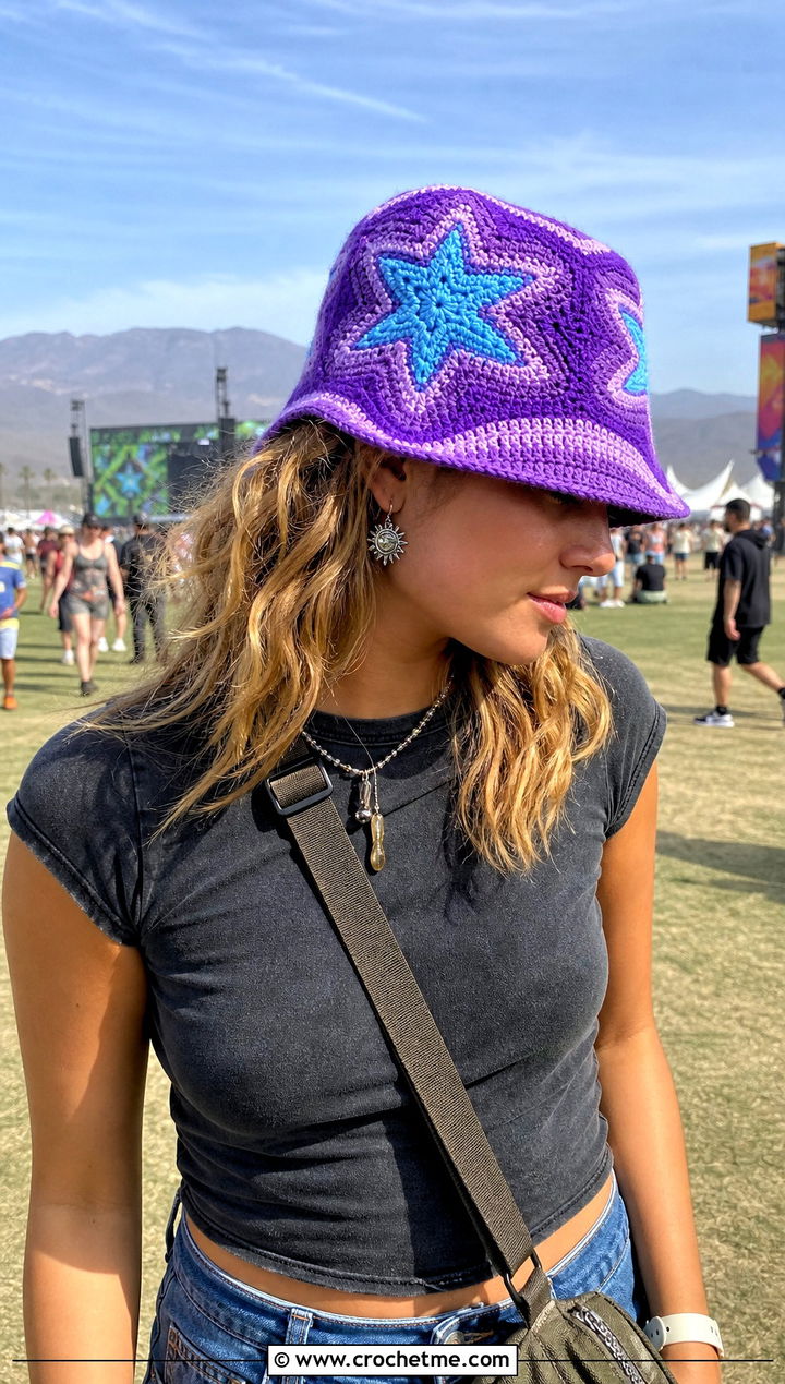 Star Motif Crochet Bucket Hat With Band Tee And Denim Skirt - 30 summer crochet bucket hat outfit ideas