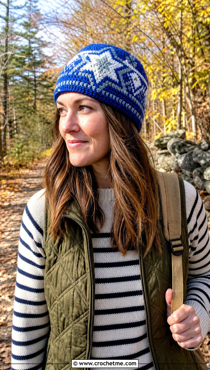 Star Motif Crochet Fair Isle Hat With Quilted Vest - 25 Crochet Fair Isle Hat outfit ideas