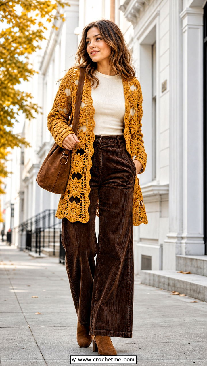 Star Motif Crochet Lace Cardigan With Corduroy Pants - 30 crochet lace clothes and outfit ideas