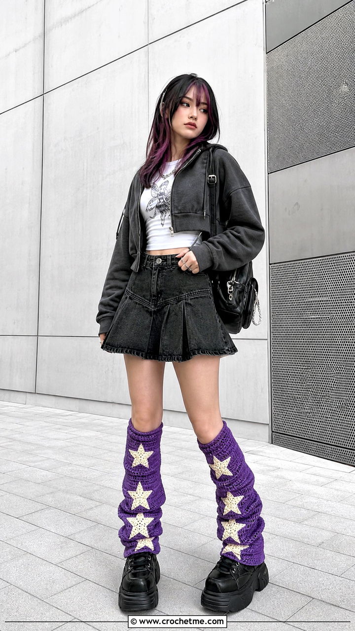 Star Motif Crochet Leg Warmers With Skater Skirt - 35 crochet leg warmers outfit ideas