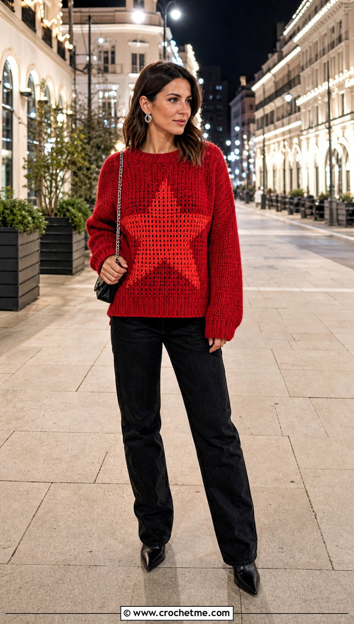 Star Motif Crochet Panel Sweater With Black Jeans - 30 crochet panel sweater outfit ideas