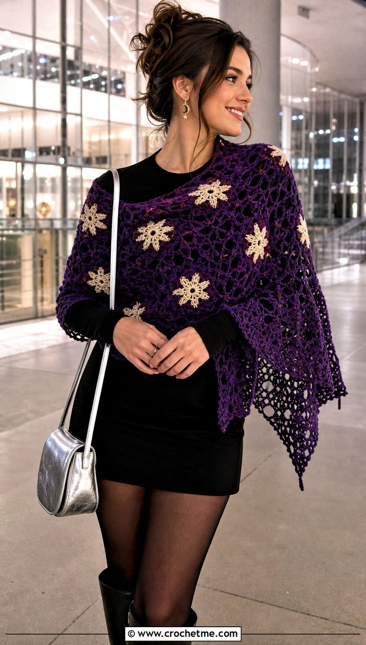 Star Motif Crochet Shawl With Mini Dress And Boots - 30 boho crochet shawl outfit ideas