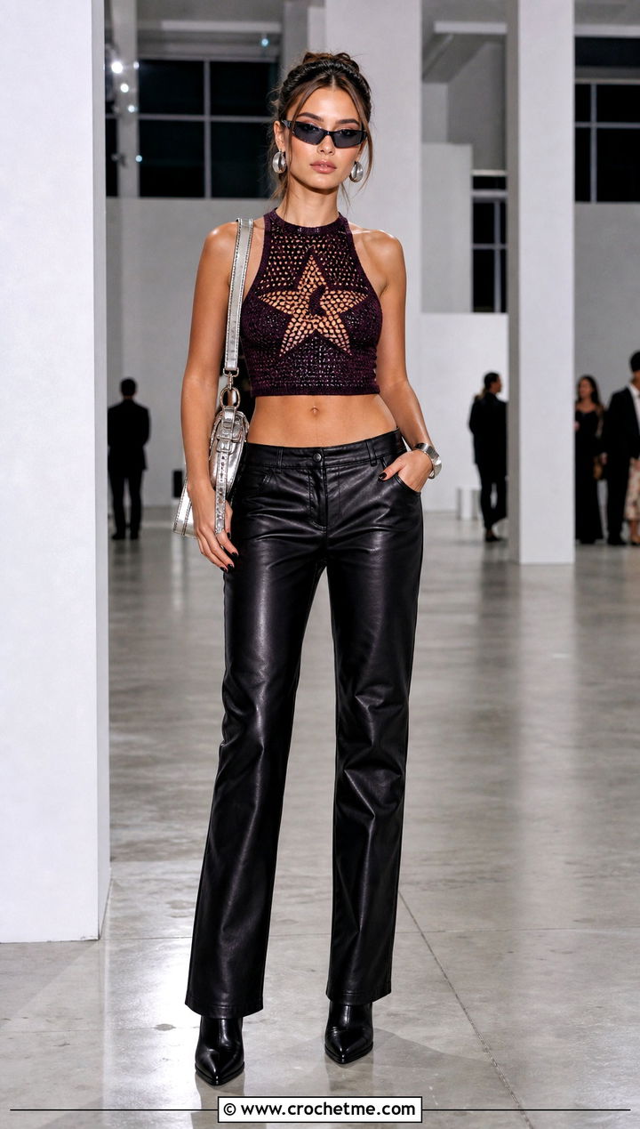 Star Motif Crochet Top With Leather Pants - 25 Y2K Crochet Top outfit ideas