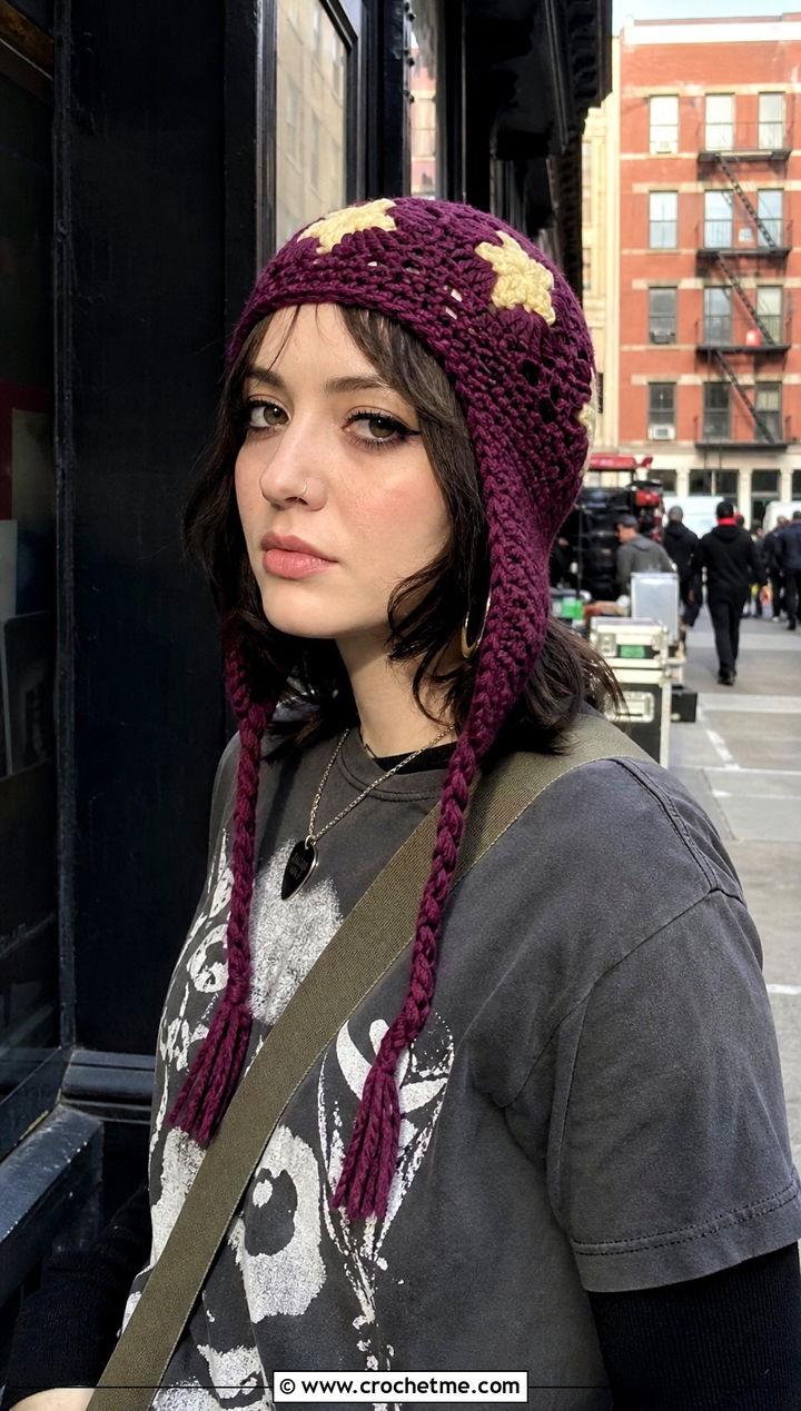 Star Motif Ear Flap Beanie With Graphic Tee - 30 crochet ear flap beanie outfit ideas