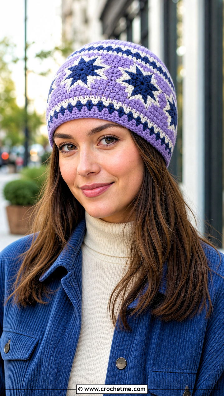 Star Motif Fair Isle Crochet Hat With Wide Leg Jeans - 30 fair isle crochet hat outfit ideas