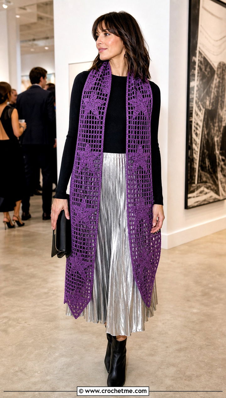Star Motif Filet Crochet Scarf With A Metallic Midi Skirt - 35 filet crochet scarf outfit ideas