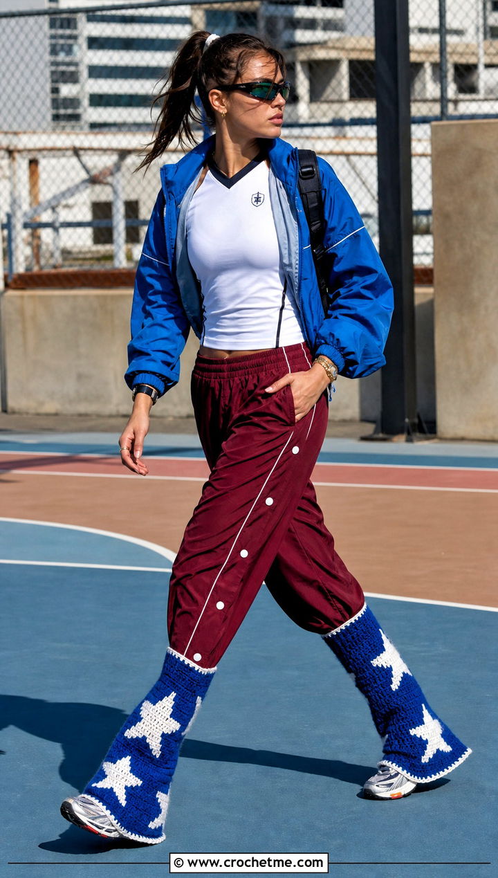 Star Motif Flared Crochet Leg Warmers With Track Pants - 25 flared crochet leg warmers outfit ideas
