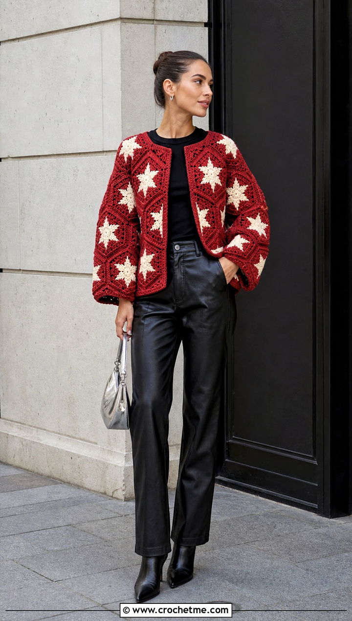 Star Motif Hexagon Granny Square Sweater With Leather Pants - 35 hexagon granny square sweater outfit ideas