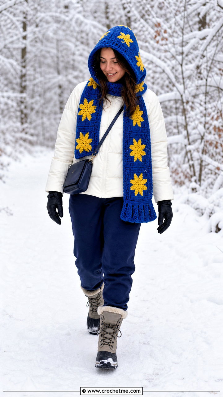 Star Motif Hooded Scarf With Puffer Jacket And Snow Boots - 35 crochet hooded scarf outfit ideas