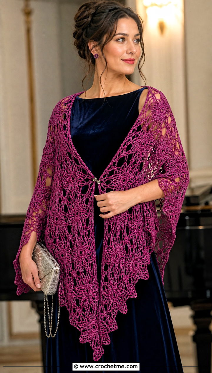 Star Motif Lace Shawl With Velvet Dress - 25 Vintage Crochet Shawl outfit ideas