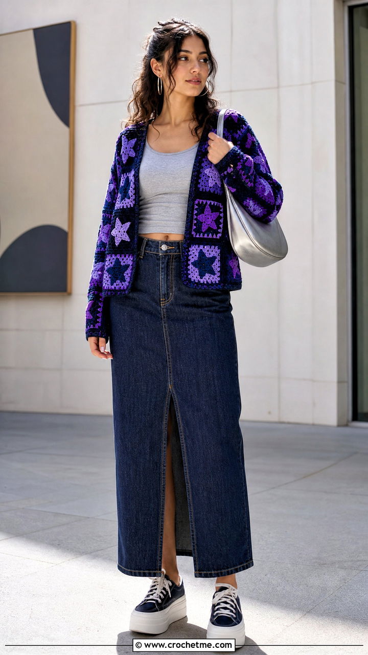 Star Motif Patchwork Cardigan With Denim Maxi Skirt - 35 crochet patchwork cardigan outfit ideas