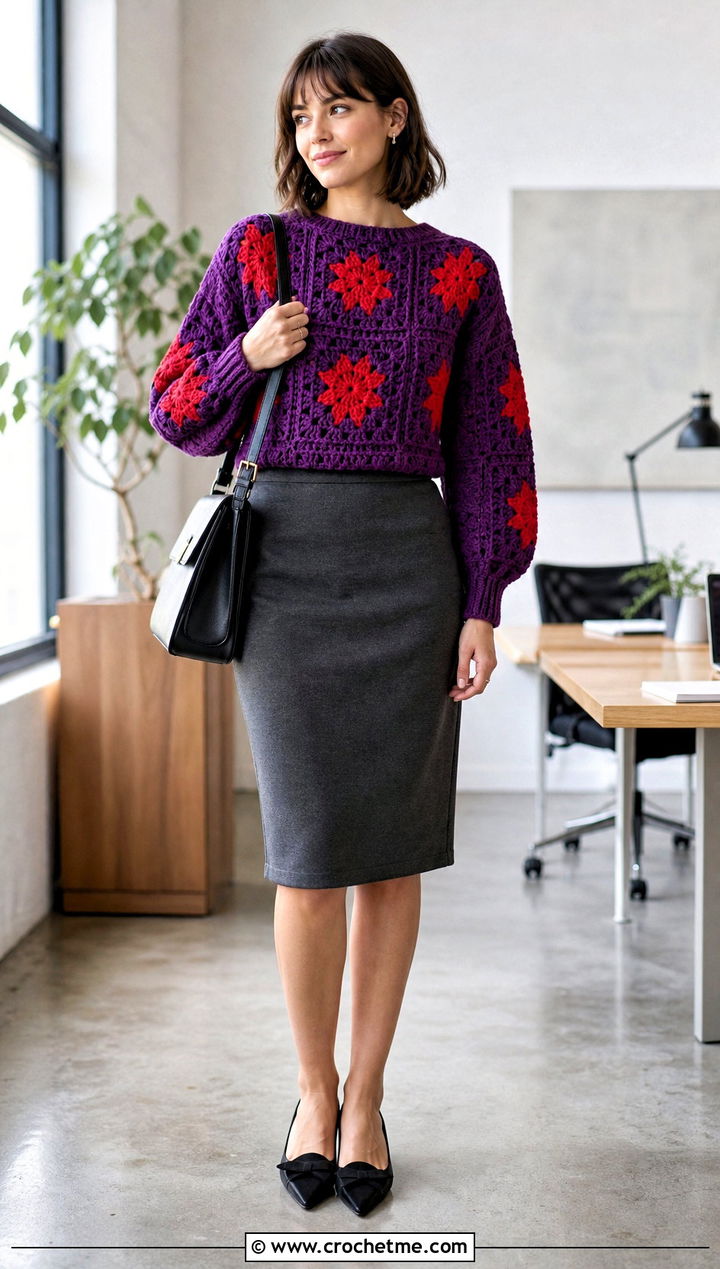 Star Panel Coraline Crochet Sweater With Pencil Skirt - 25 Coraline Star Crochet Sweater outfit ideas