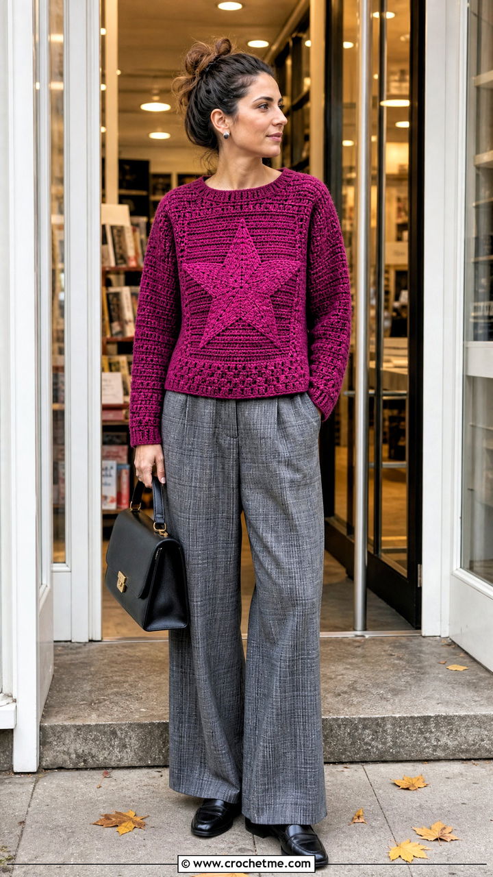 Star Panel Sweater With Plaid Trousers - 35 crochet star sweater outfit ideas