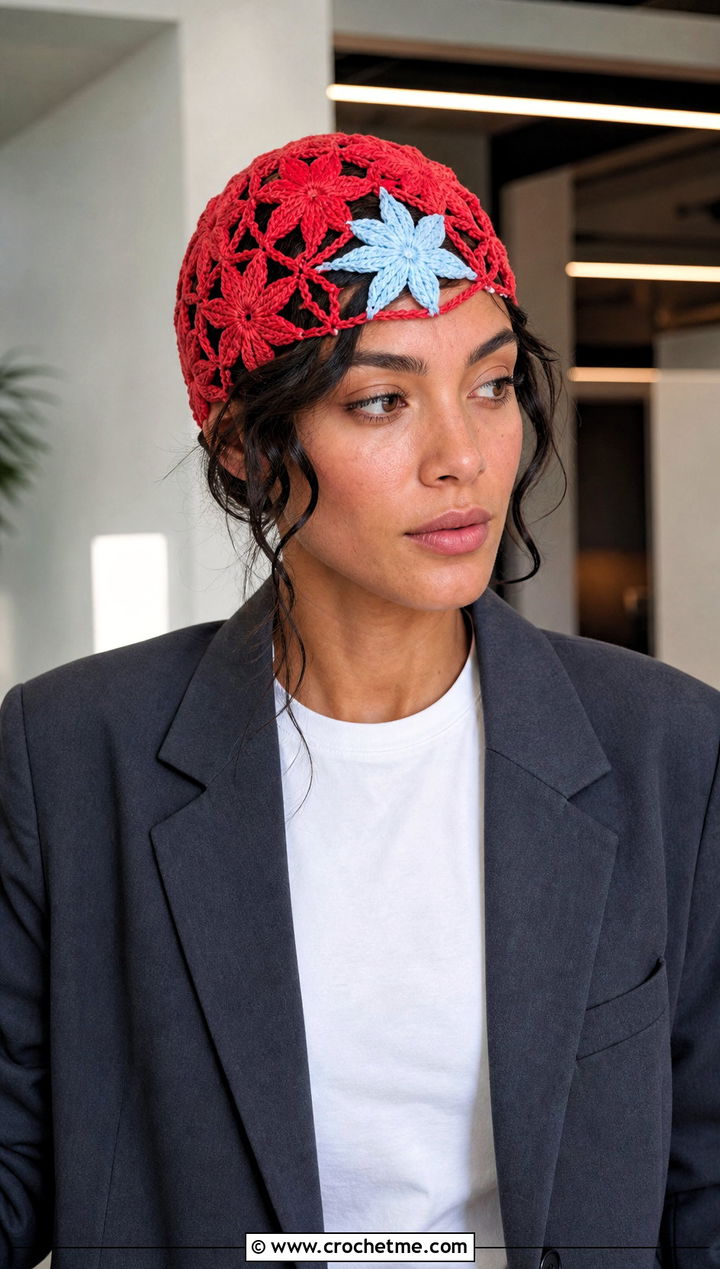 Star Patch Crochet Skullcap With Pantsuit - 25 crochet star hat outfit ideas