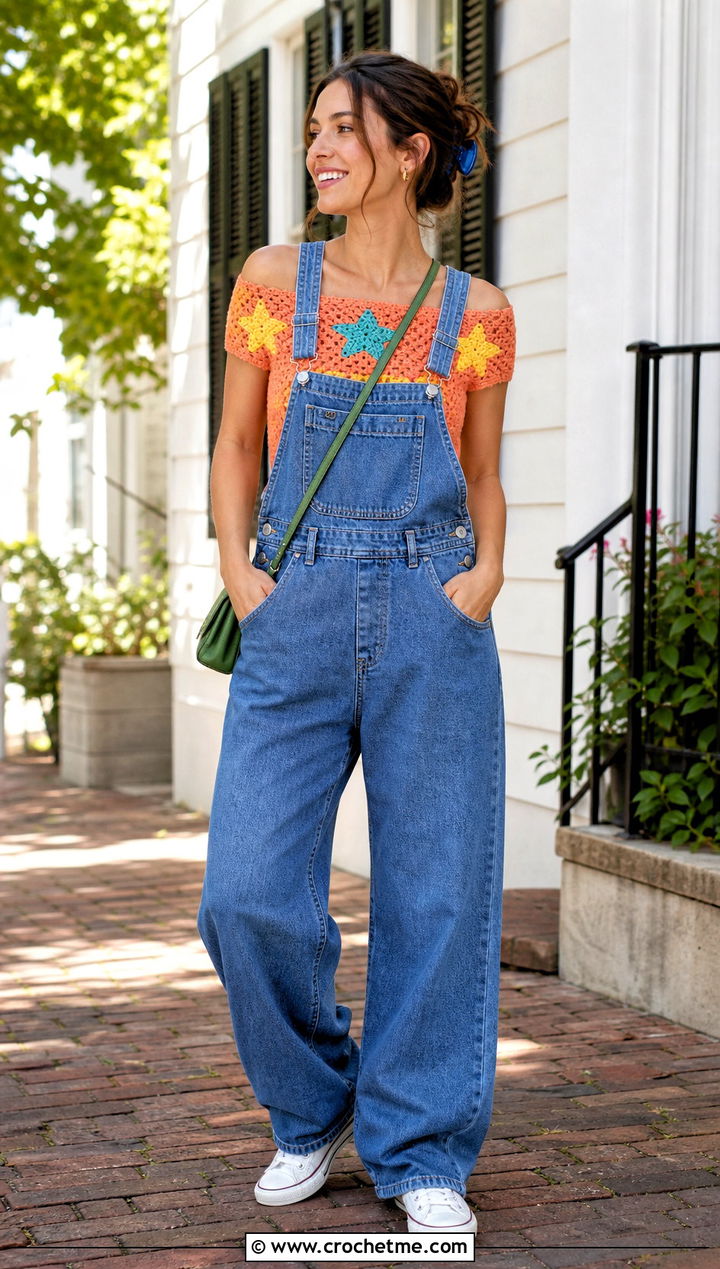 Star Patch Crochet Top Under Denim Overalls - 30 star crochet top outfit ideas