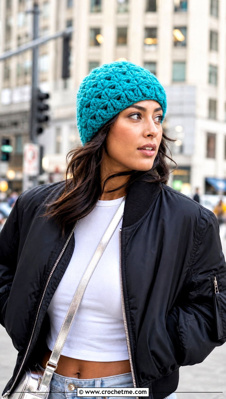 Star Stitch Beanie With Bomber Jacket And Parachute Pants - 30 crochet stitch hat outfit ideas