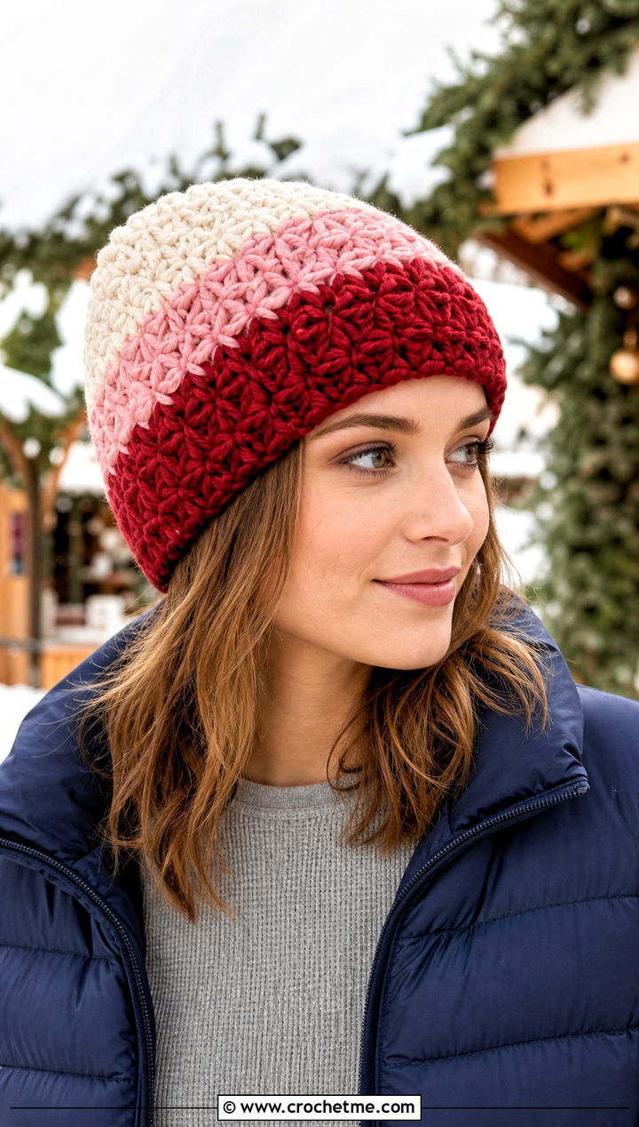 Star Stitch Color Block Crochet Beanie With Puffer Jacket - 20 Star Stitch Crochet Beanie outfit ideas