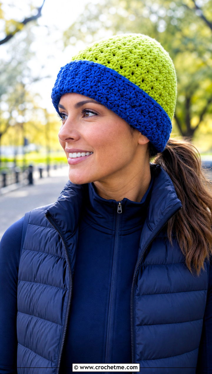 Star Stitch Crochet Beanie With Athleisure Set - 25 crochet star hat outfit ideas