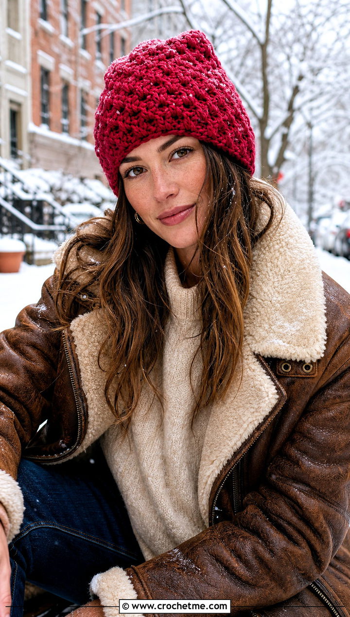 Star Stitch Crochet Beanie With Shearling Jacket - 15 Crochet Textured Beanie outfit ideas