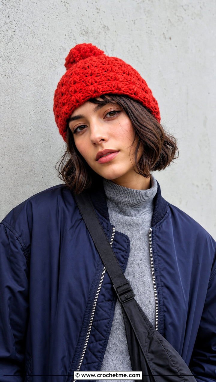 Star Stitch Crochet Bobble Hat With Bomber Jacket - 30 crochet bobble hat outfit ideas
