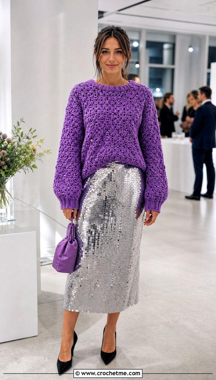 Star Stitch Crochet Boho Sweater With Sequin Skirt - 30 crochet boho sweater outfit ideas