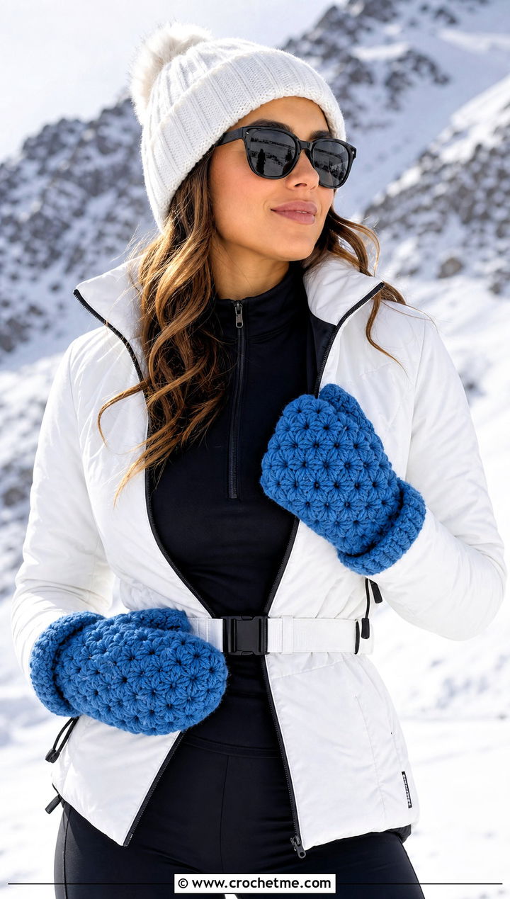 Star Stitch Crochet Chunky Mittens With Ski Jacket - 30 crochet chunky mittens outfit ideas