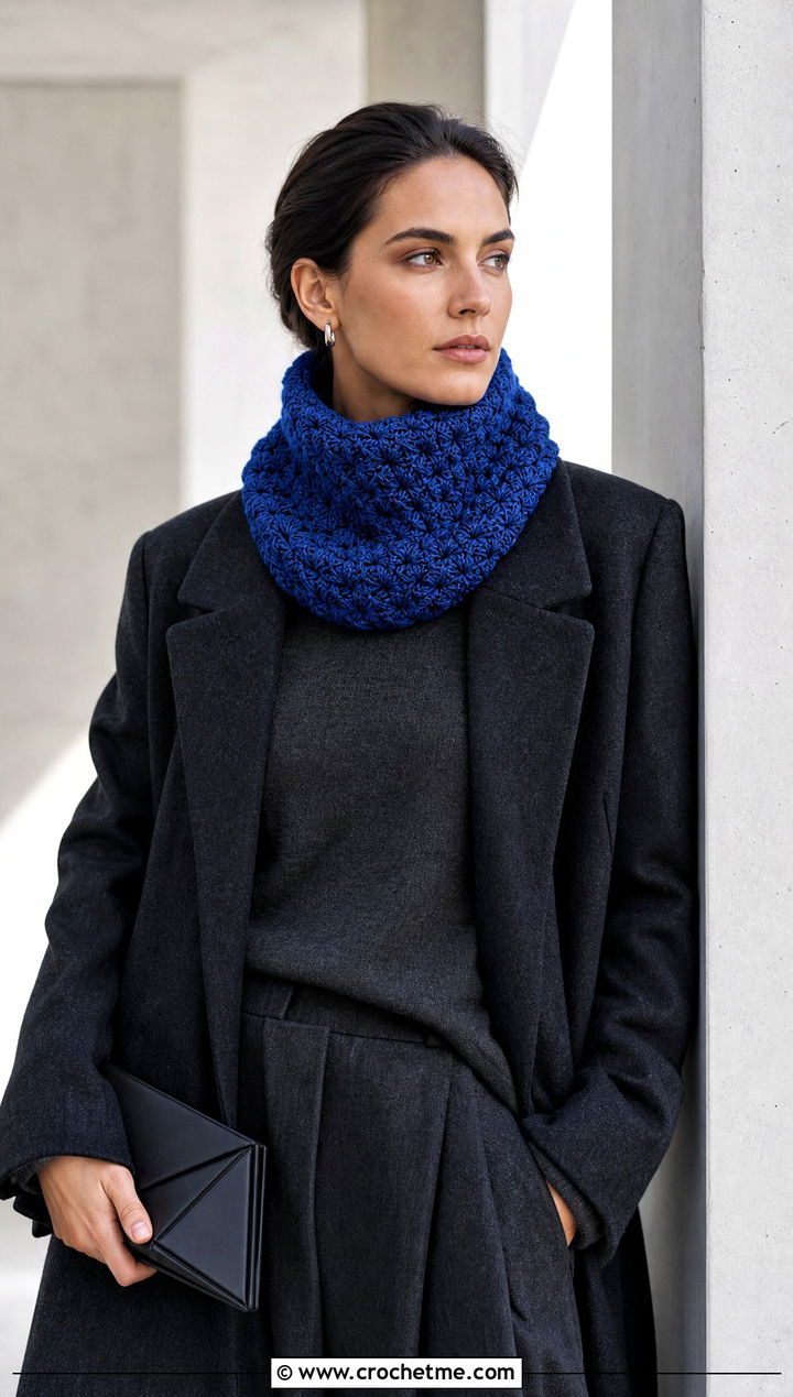Star Stitch Crochet Cowl With Monochrome Outfit - 25 cowl crochet scarf outfit ideas