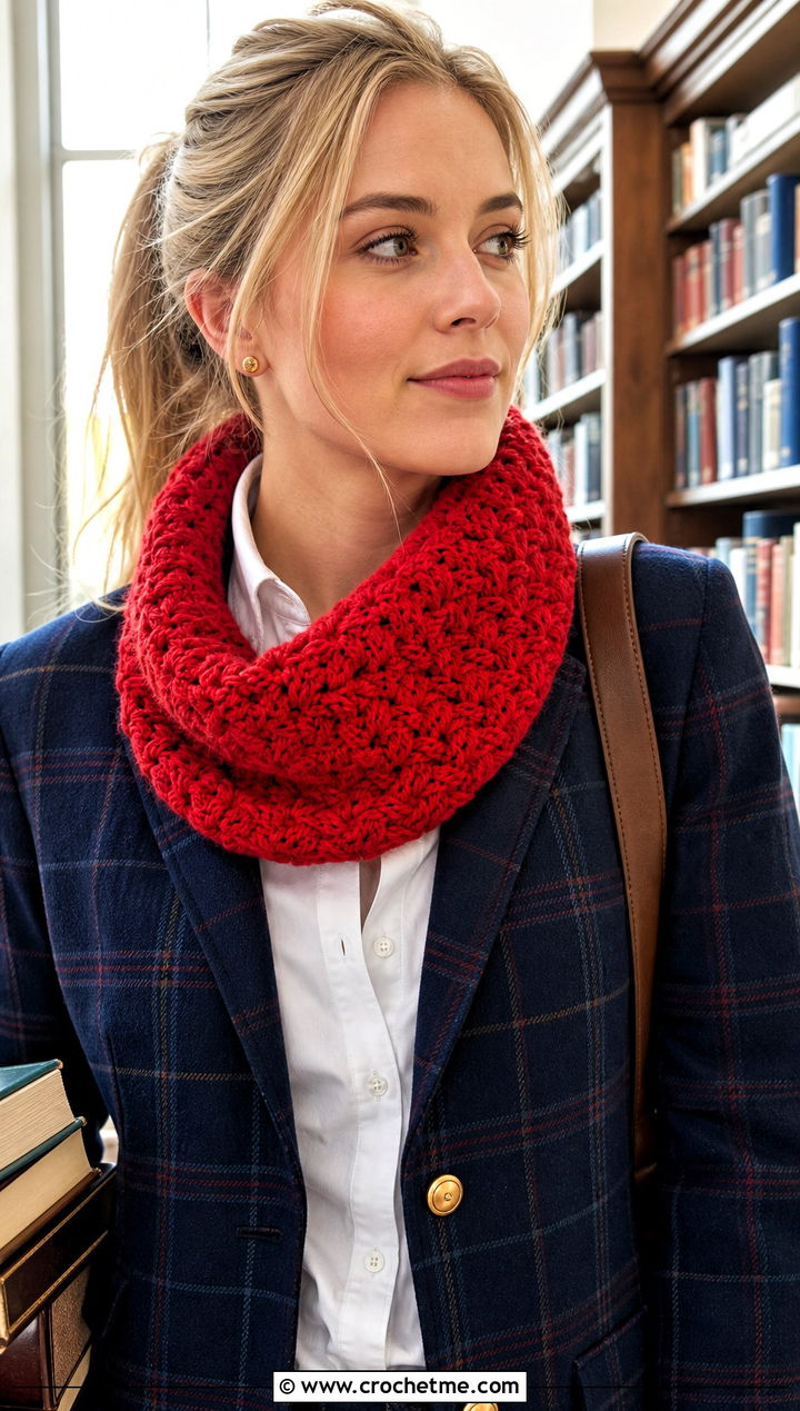 Star Stitch Crochet Cowl With Preppy Blazer Outfit - 15 1 Skein Crochet Cowl outfit ideas