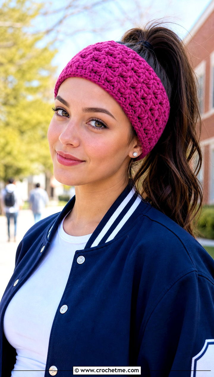 Star Stitch Crochet Ear Headband With Varsity Jacket And Mini Skirt - 30 crochet ear headband outfit ideas